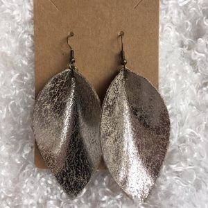 Khaki/silver shimmer leather leaf fishhook earring